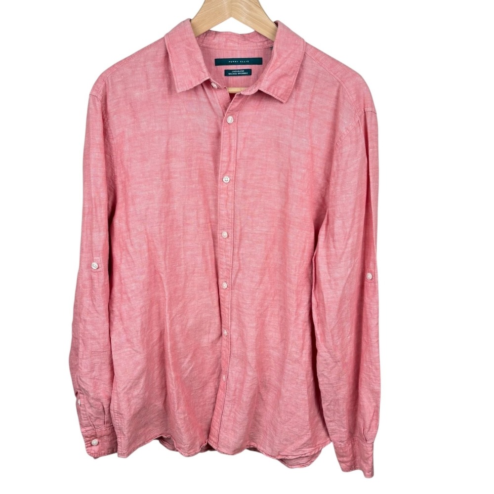 Perry Ellis Linen Blend Botton-Down Shirt Men's Size L Guava Pink Resort Beach